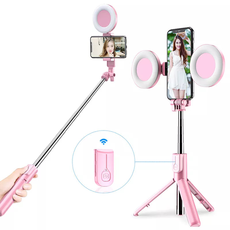 Portable Tripod Selfie Stick with Dual LED Lights - Rechargeable Ring Light