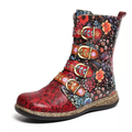 Embroidered Mid-Calf Boots with Buckle Strap Details