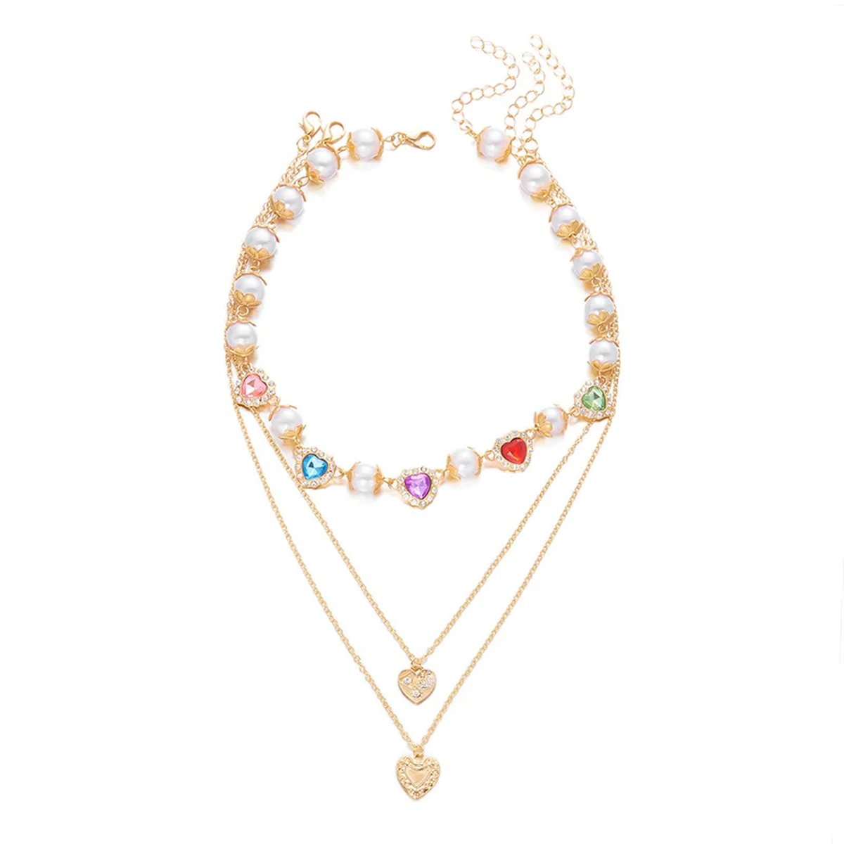 Colorful Heart and Pearl-Style Necklace with Fine Chain