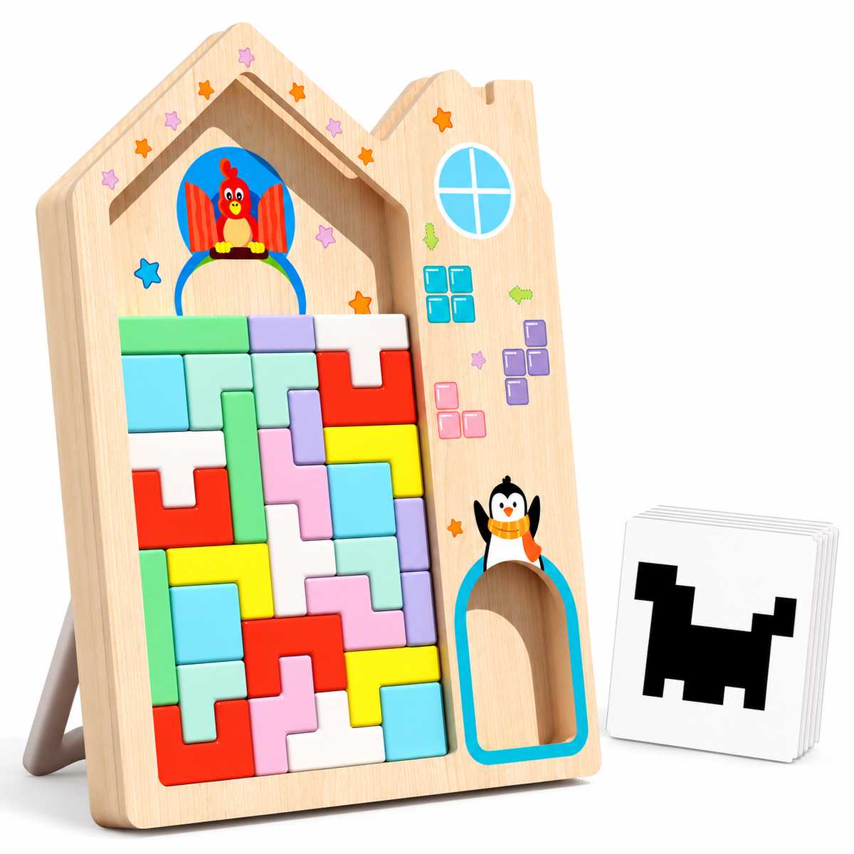 Penguin Wooden Block Puzzle Board with Geometric Pattern Cards