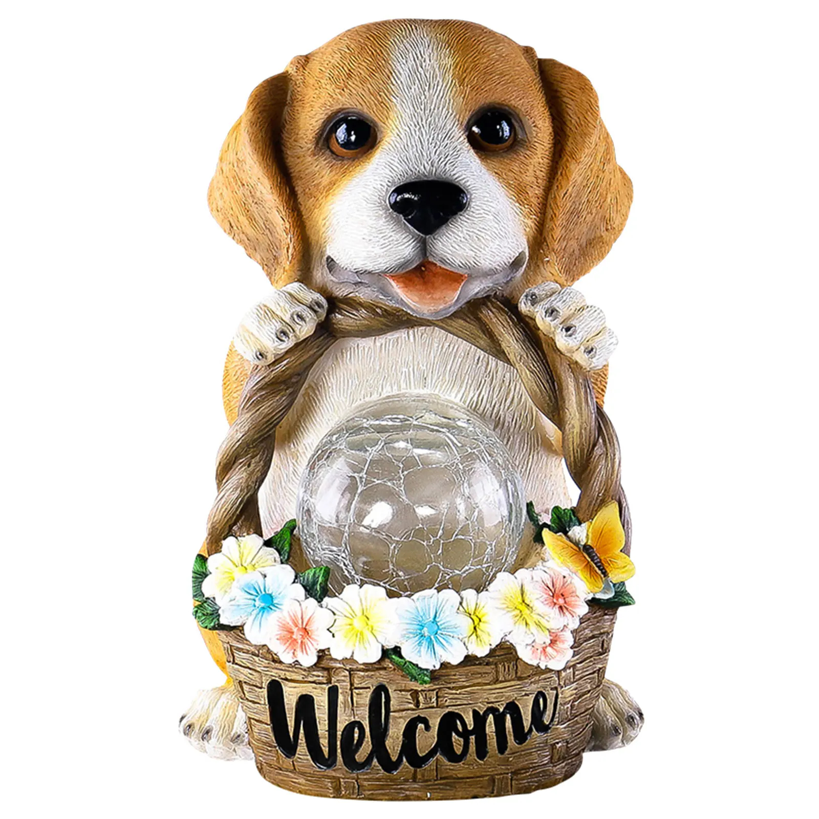 Solar Puppy Garden Statue with Flower Basket Outdoor Decor