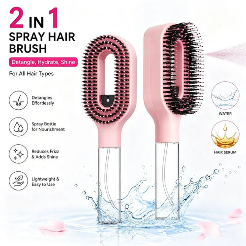 2-in-1 spray hair brush with pink handle and black bristles on a white background