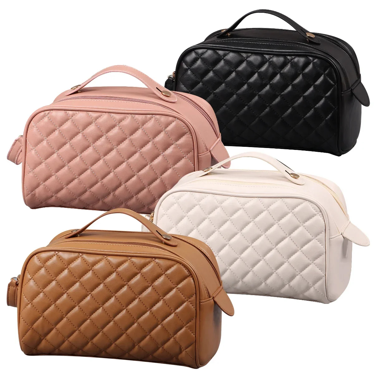 Quilted PU Toiletry Bag with Carry Handle, 26 x 15 x 15 cm