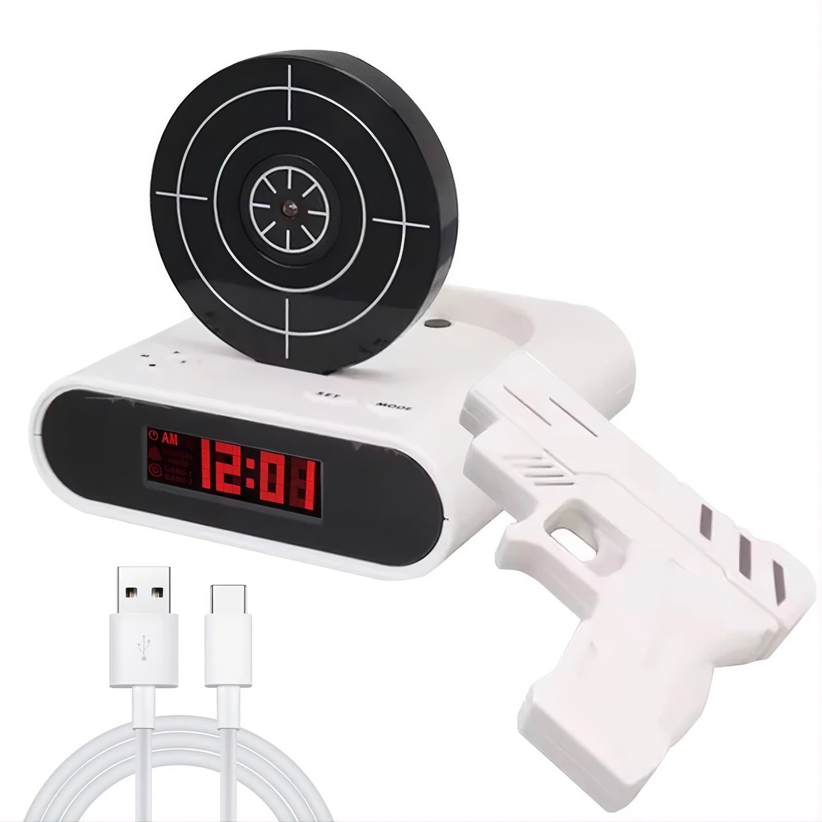 White alarm clock with target design and white gun-shaped remote control on a white background
