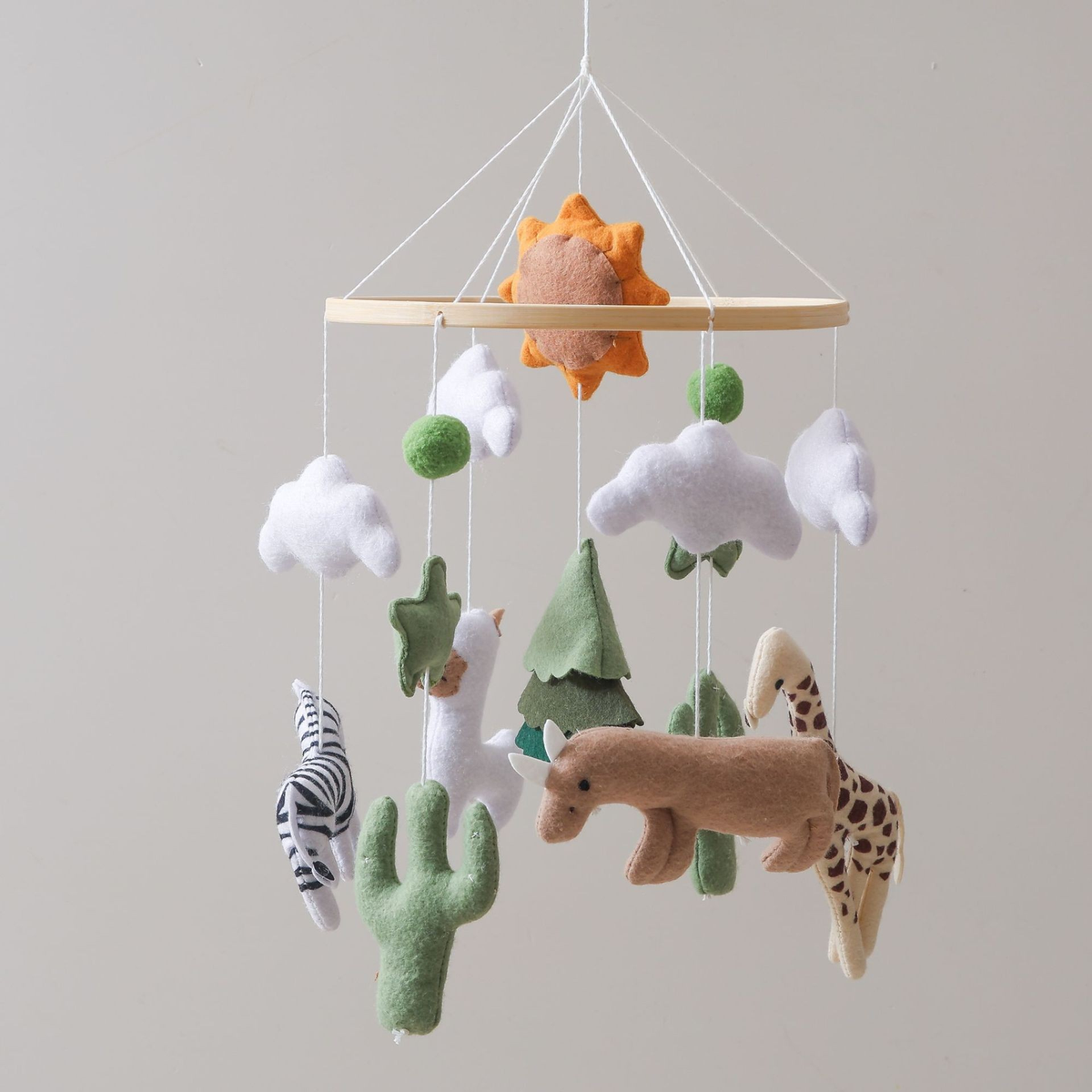 Felt Animal Crib Mobile with Wooden Frame and Hanging Shapes