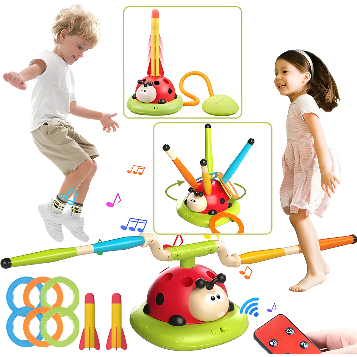 3-in-1 Ladybug Activity Toy for Jumping, Ring Toss and Rockets