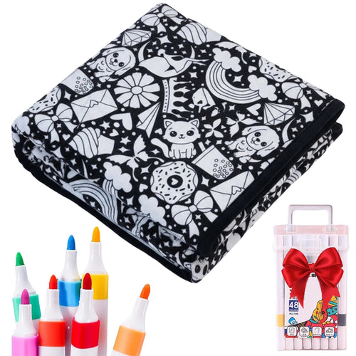 Coloring book with black and white designs, markers, and a pack of colored pencils on a white background