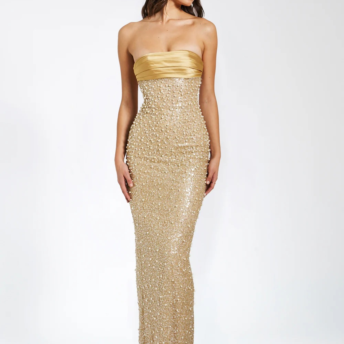 Strapless Sequin Evening Gown with Satin Bodice and Slit