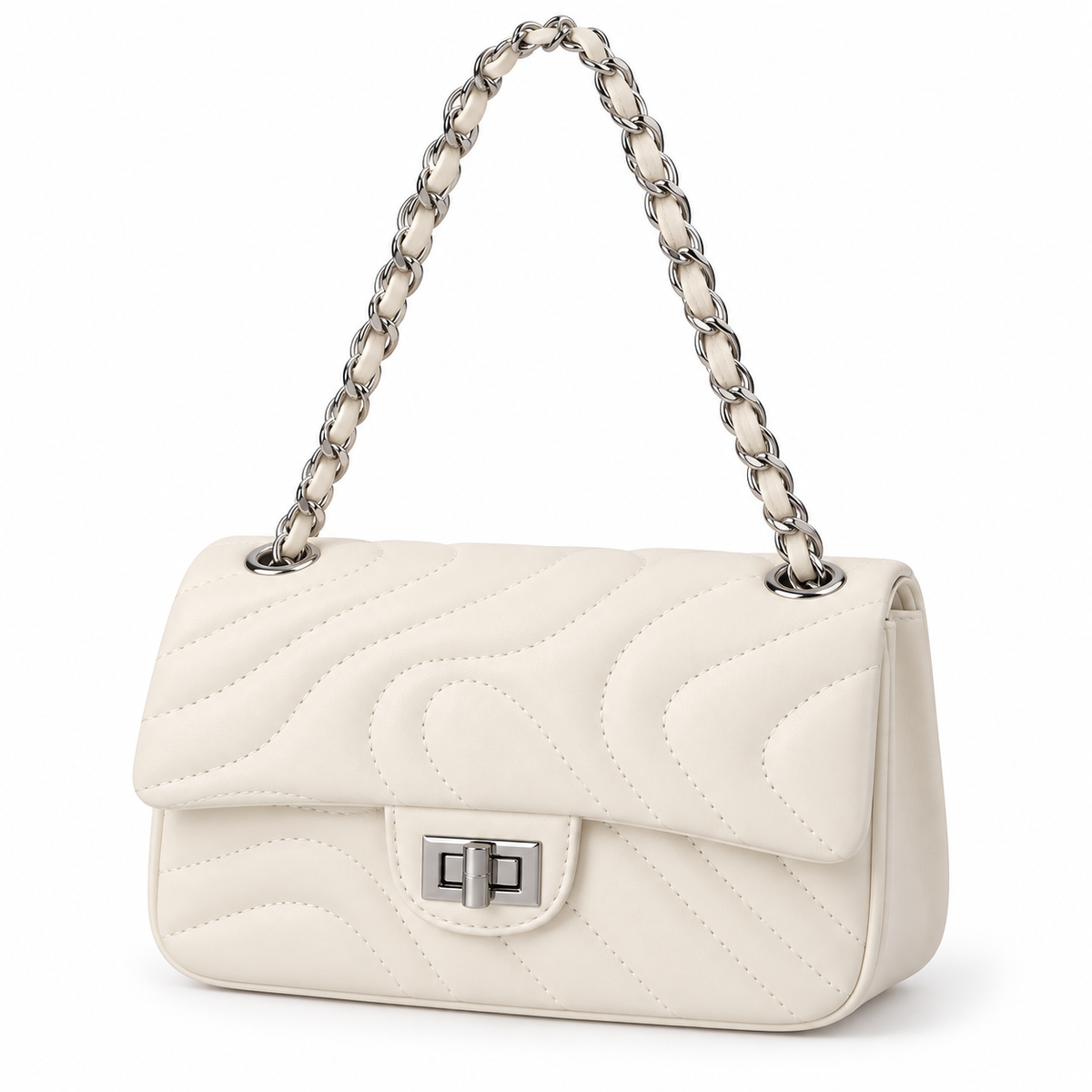 Wave-Quilted Shoulder Bag with Chain Strap and Turn-Lock Flap