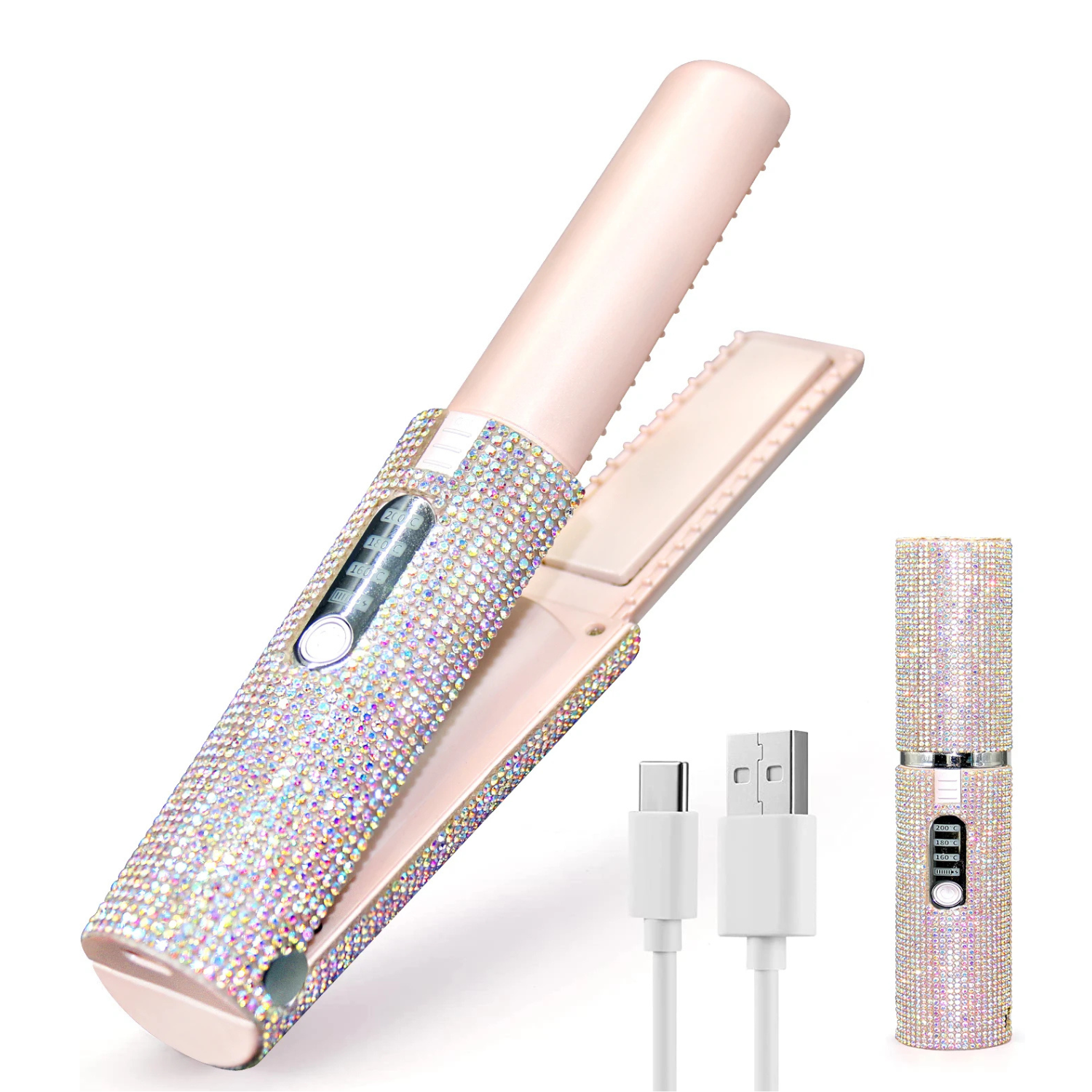 Portable Cordless Hair Straightener - Rhinestone Design with Power Bank