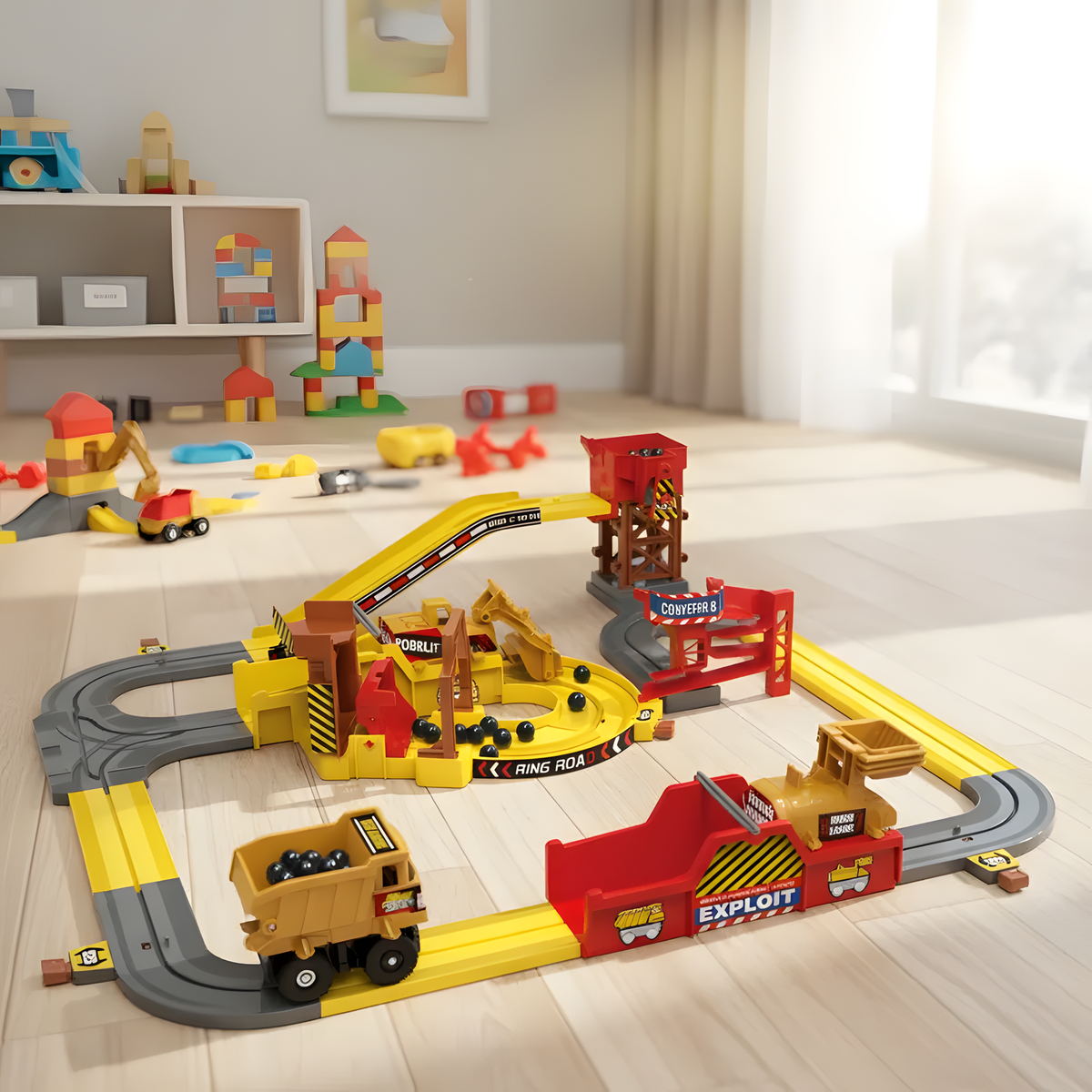 Quarry Truck Track Playset with Loading Stations and Loop