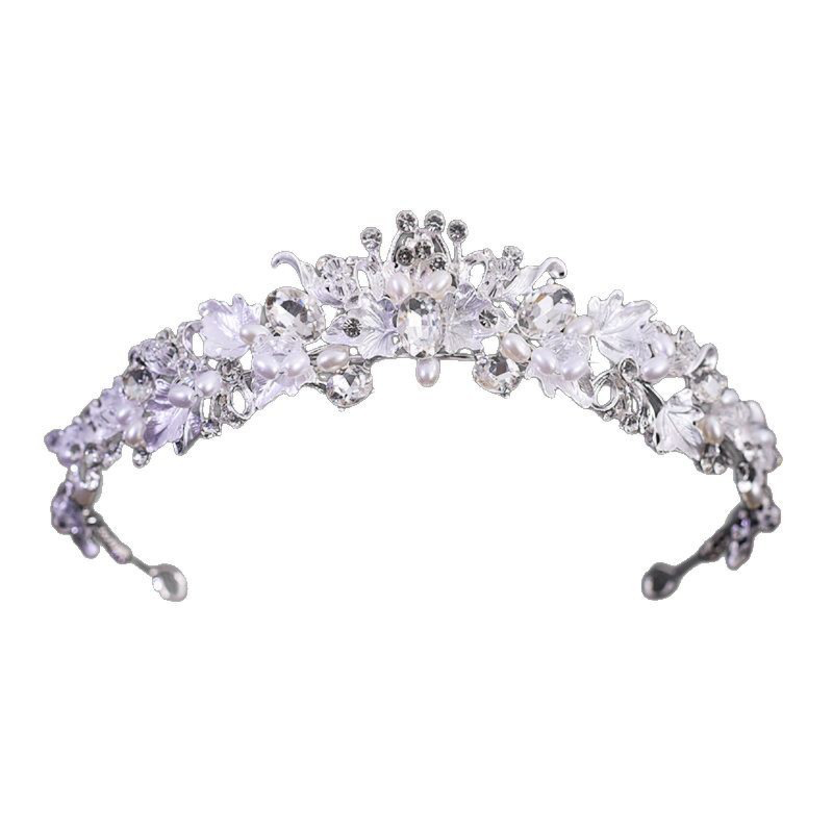 Floral Bridal Tiara with Faceted Stones and Pearl-Look Accents