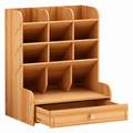 Wooden Desk Organizer with Sloped Pen Compartments and Drawer