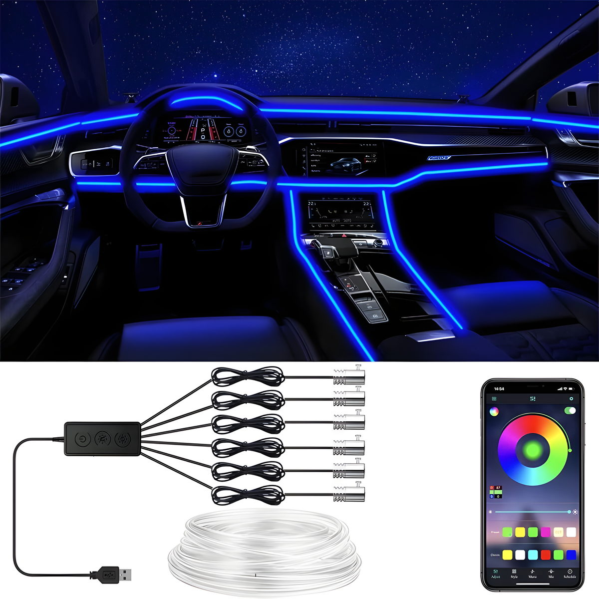 RGB Fiber-Optic Car Interior Ambient Light Kit with Controller