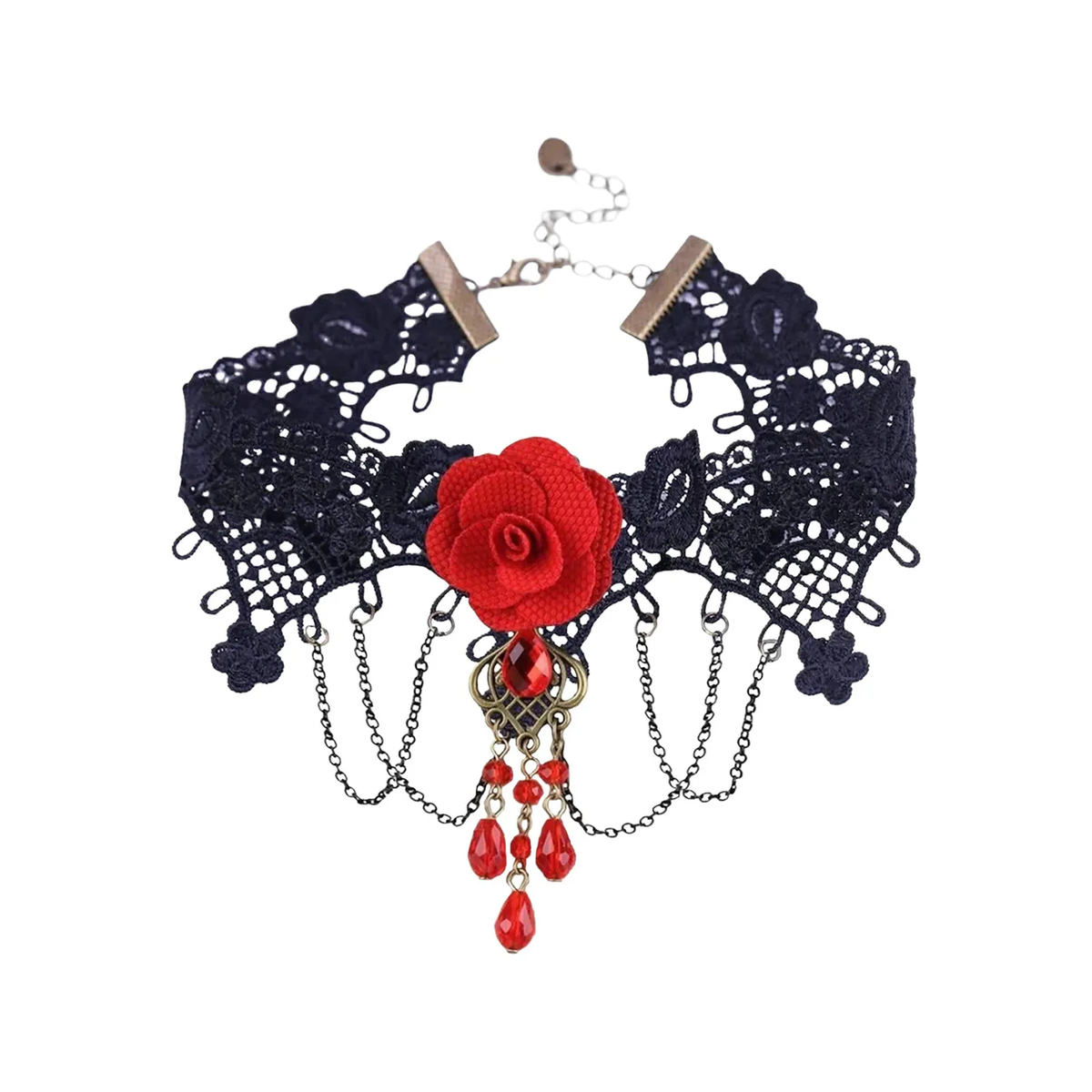 Gothic Lace Choker and Earrings, Red Stone, Antique Metal