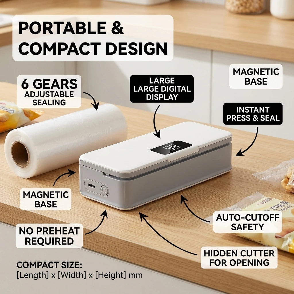 2-in-1 Rechargeable Bag Sealer & Cutter - Airtight Heat Seal for Fresh Food Storage - TradixPro