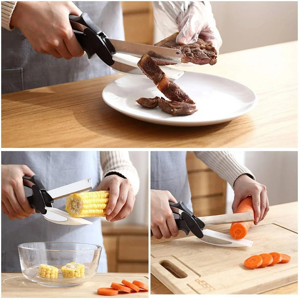 2-in-1 Smart Food Chopper Scissors (Stainless Steel Blade & Integrated Cutting Board) - TradixPro