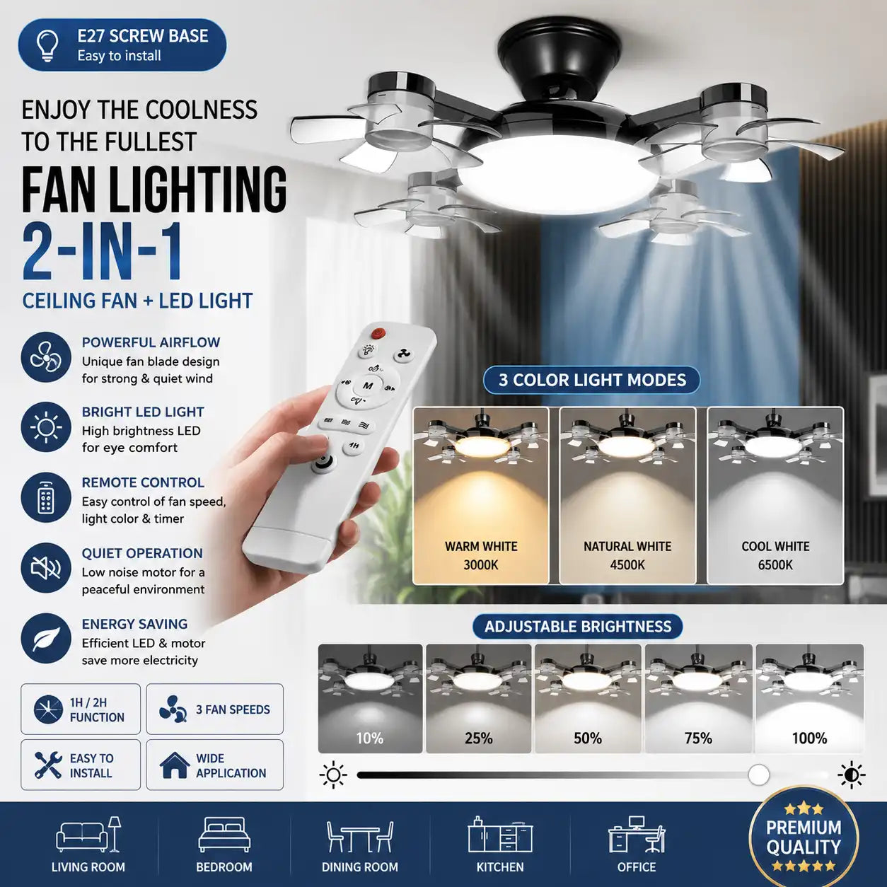 2-in-1 E27 Socket Ceiling Fan Light with Remote Control
