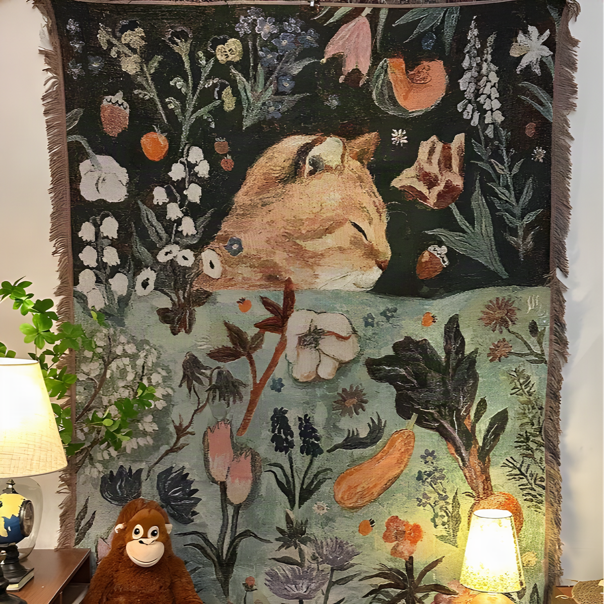 Illustrated Woven Throw Blanket with Fringe, 130 x 160 cm