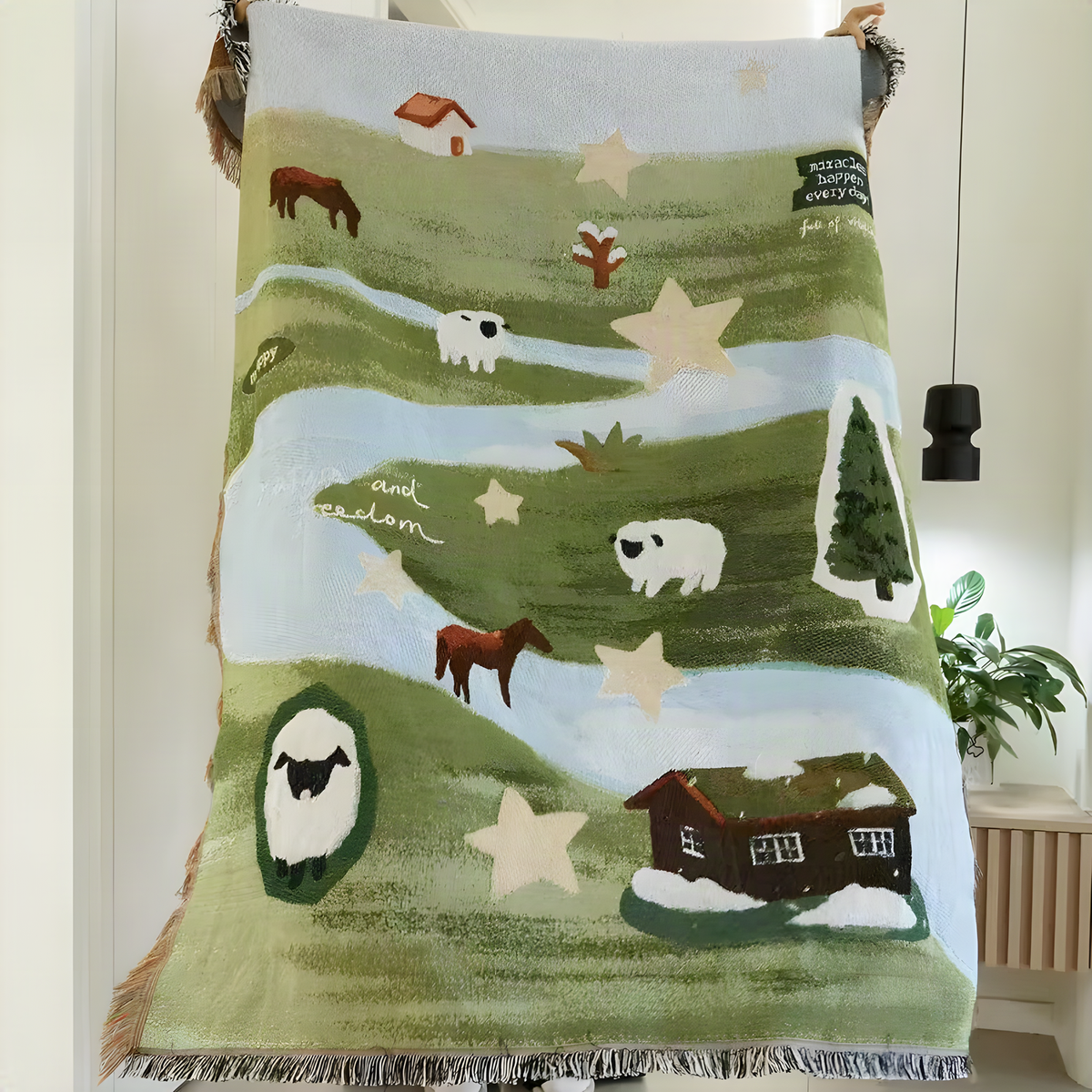Illustrated Woven Throw Blanket with Fringe, 130 x 160 cm