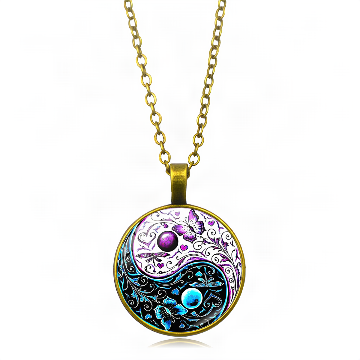 Yin Yang Pendant Necklace with Domed Cover and Alloy Frame