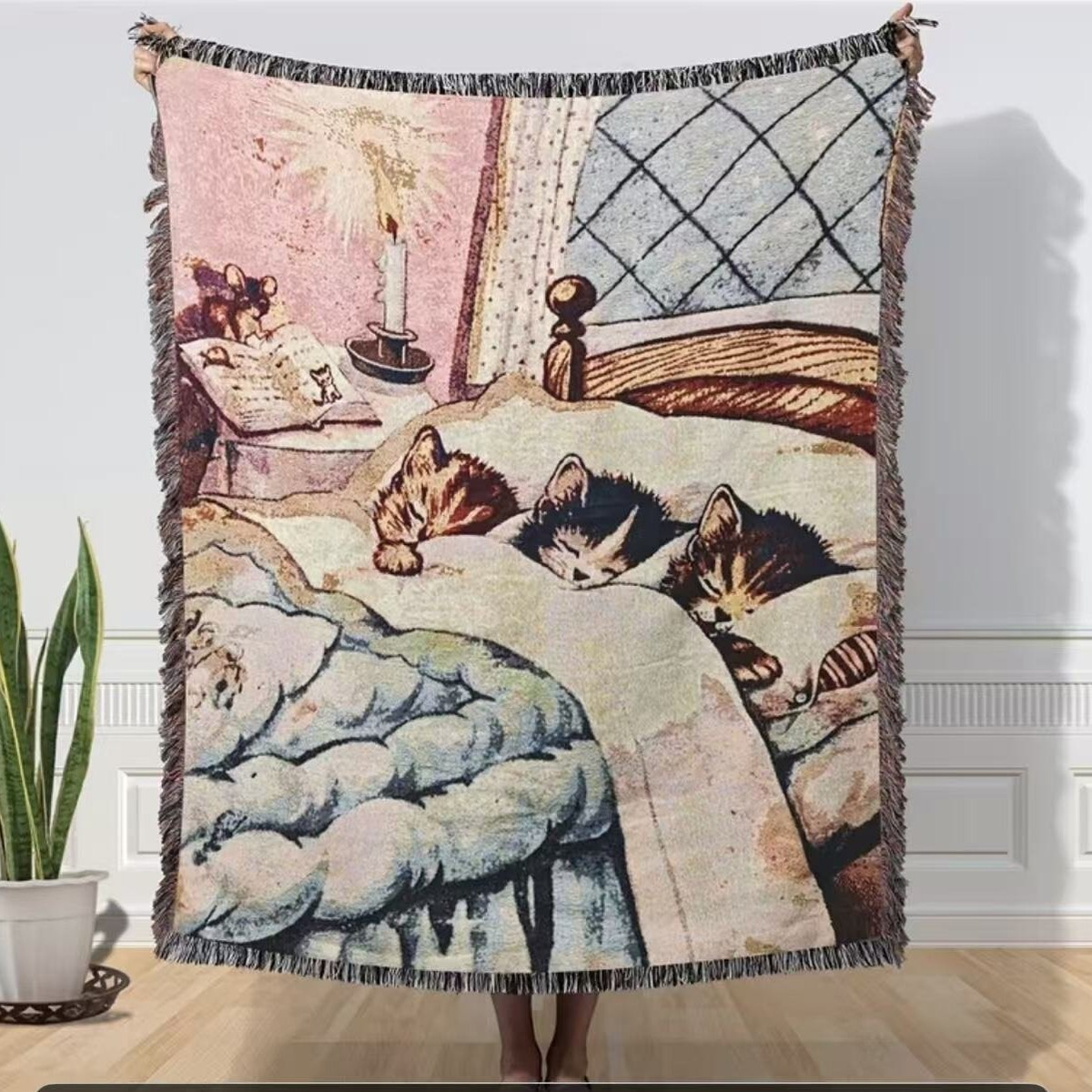 Illustrated Woven Throw Blanket with Fringe, 130 x 160 cm