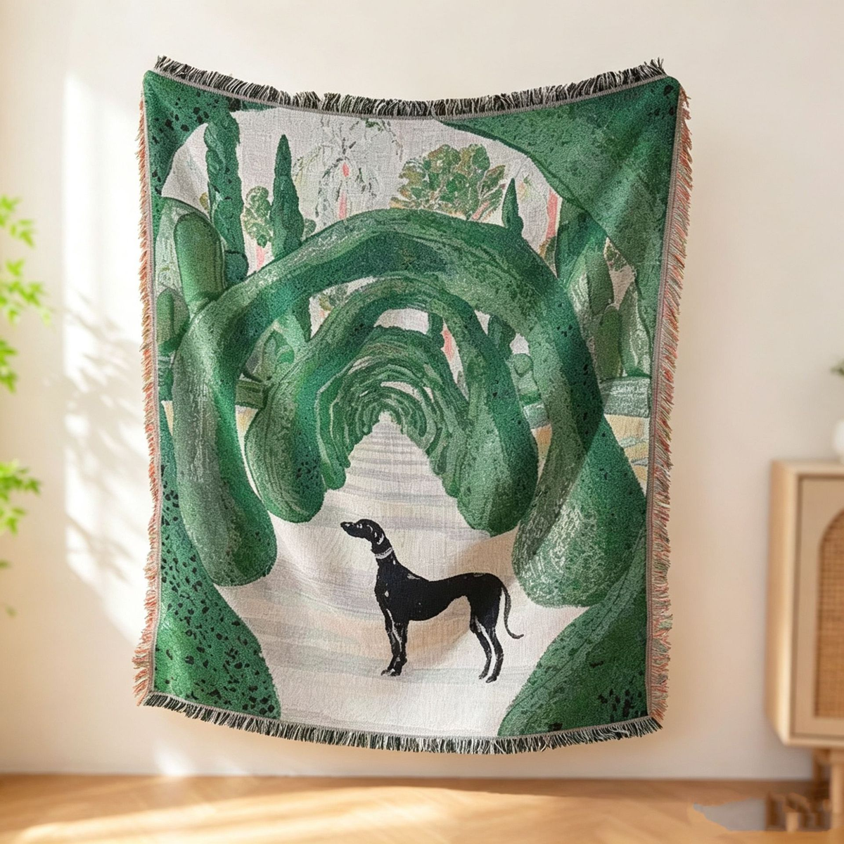 Illustrated Woven Throw Blanket with Fringe, 130 x 160 cm