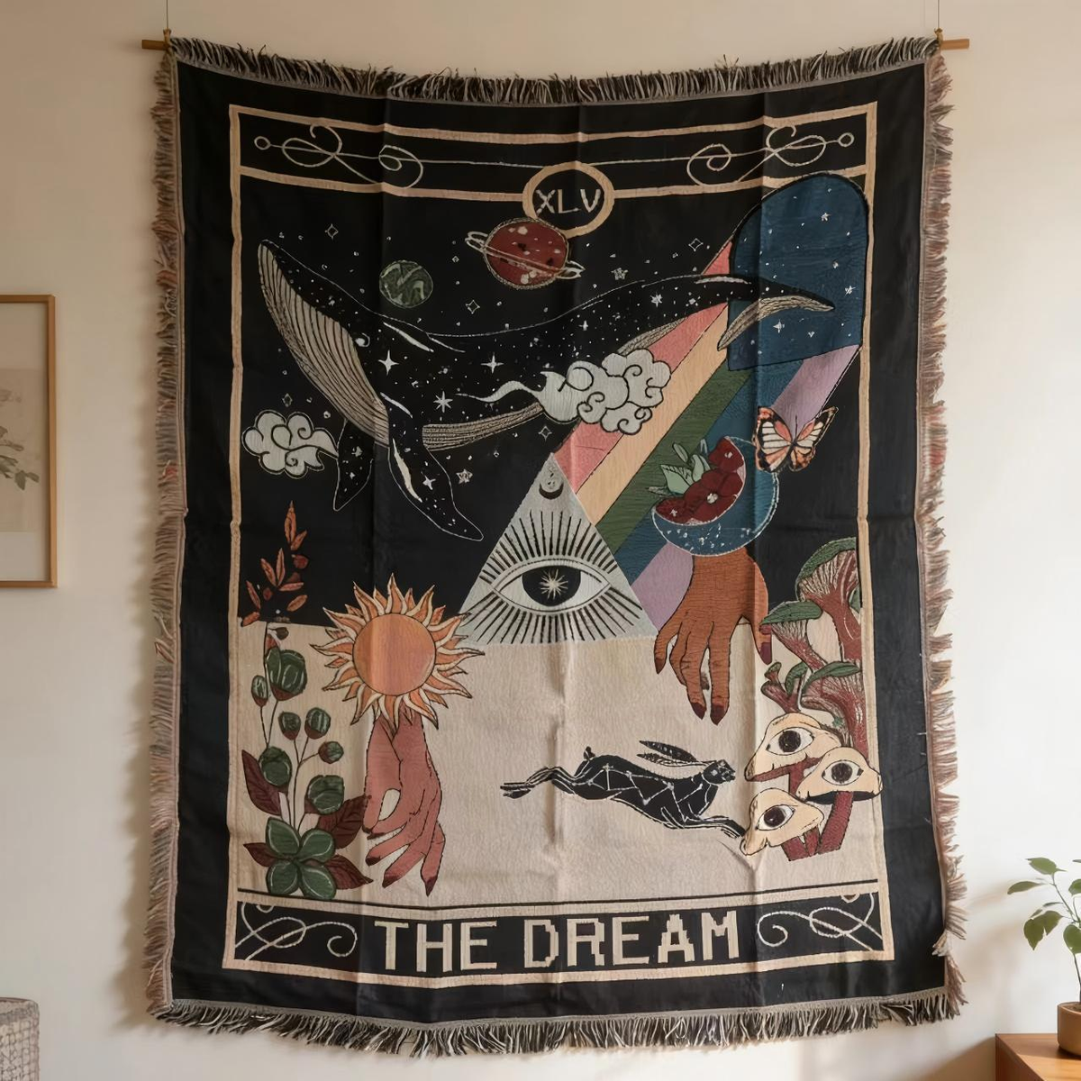 Illustrated Woven Throw Blanket with Fringe, 130 x 160 cm