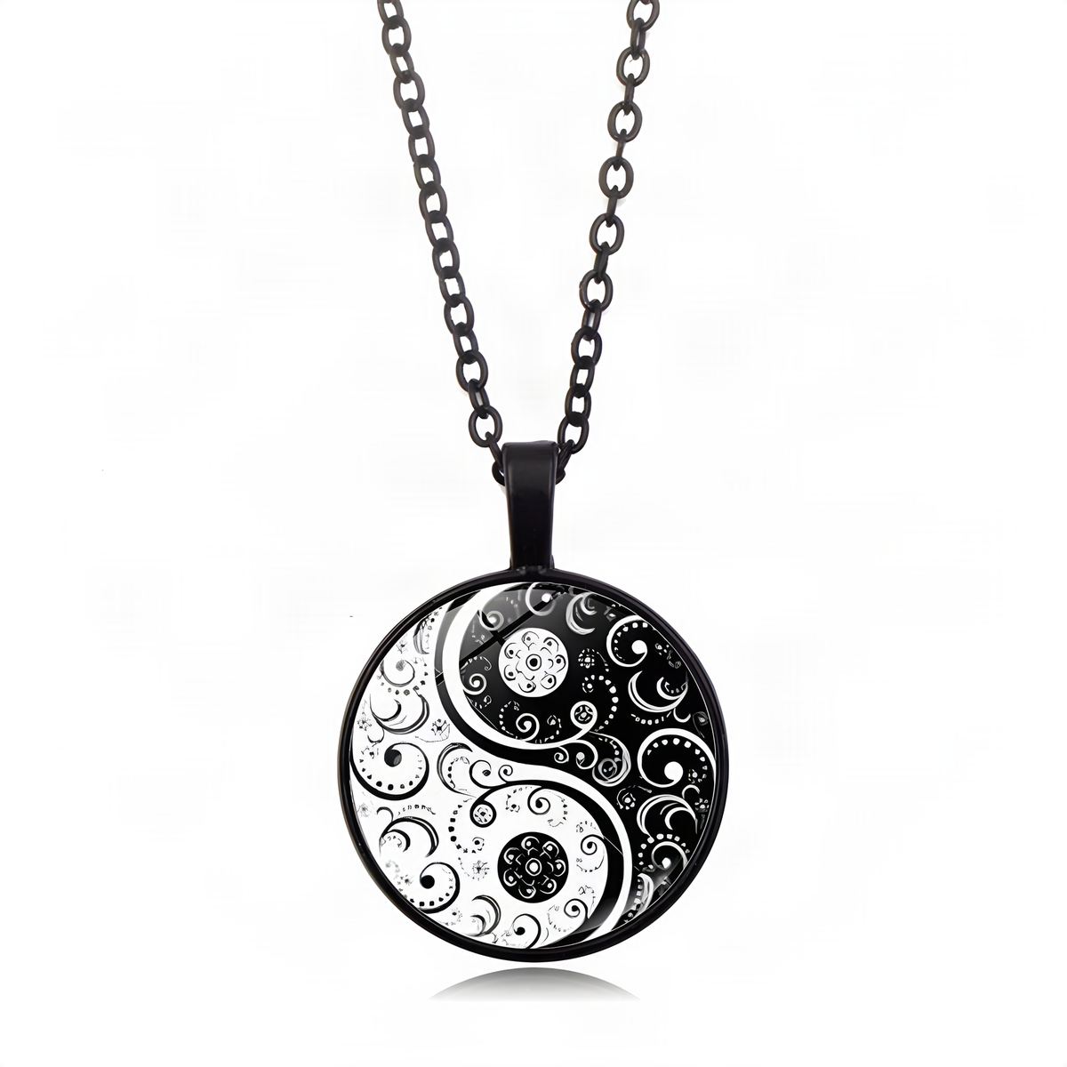Yin Yang Pendant Necklace with Domed Cover and Alloy Frame