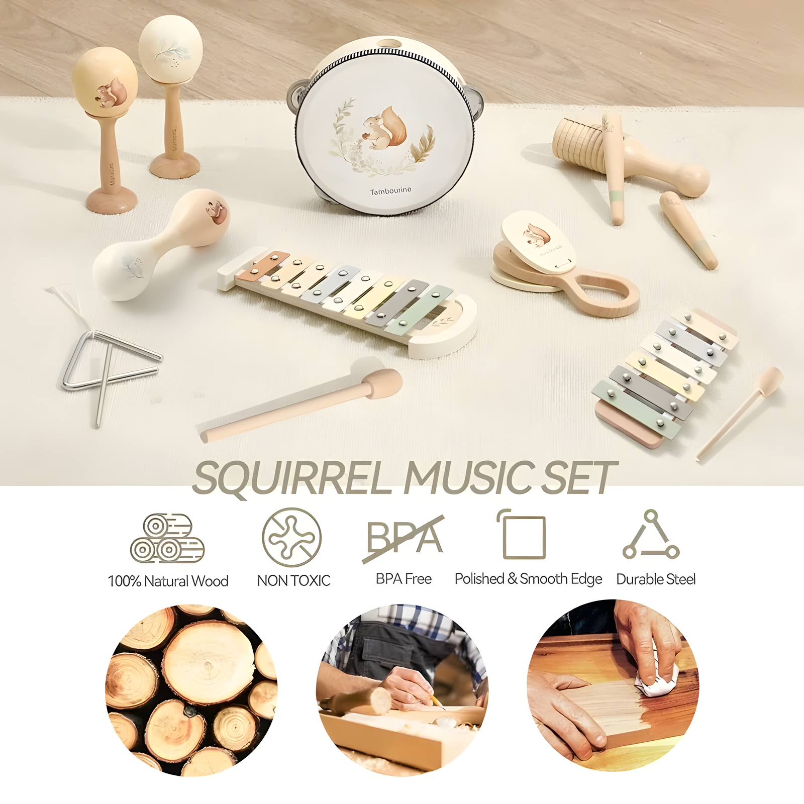 Wooden Children's Music Set Xylophone Drum & Rhythm Kit