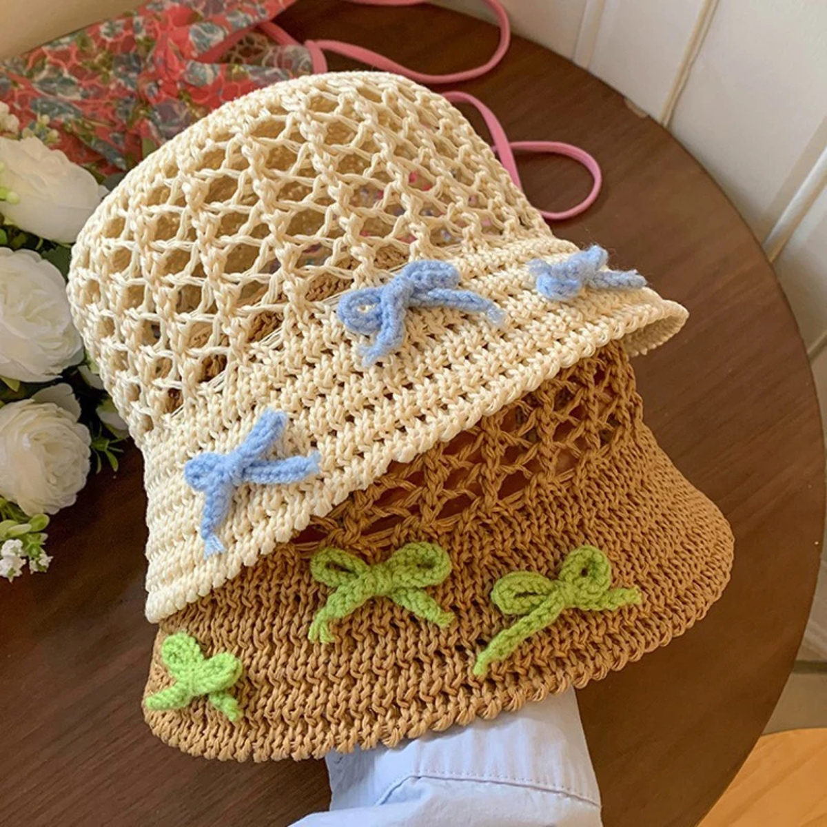 Open-Weave Crochet Bucket Hat with Contrast Bow Details