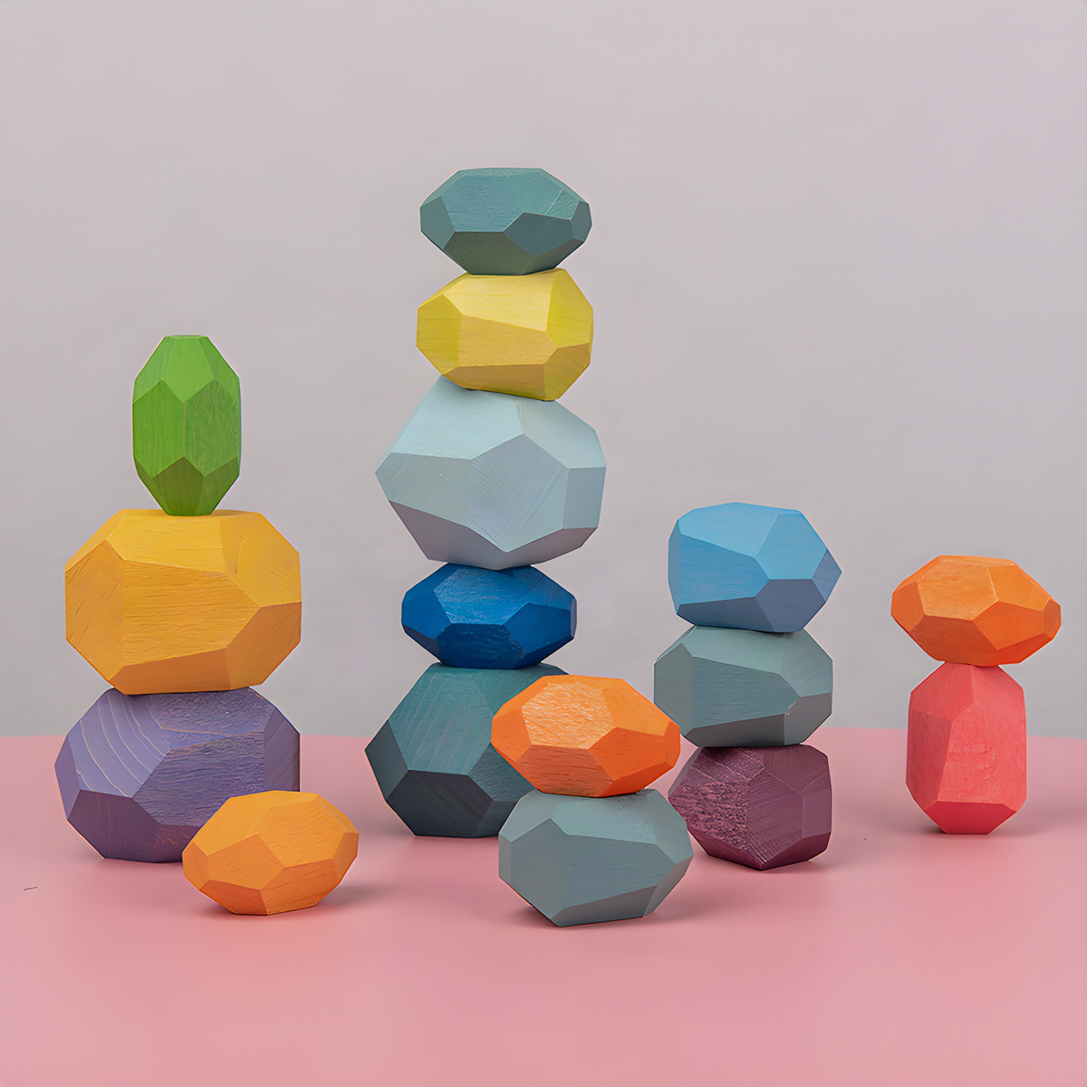 Wooden Balancing Stone Blocks, Faceted Tabletop Stacking Toy