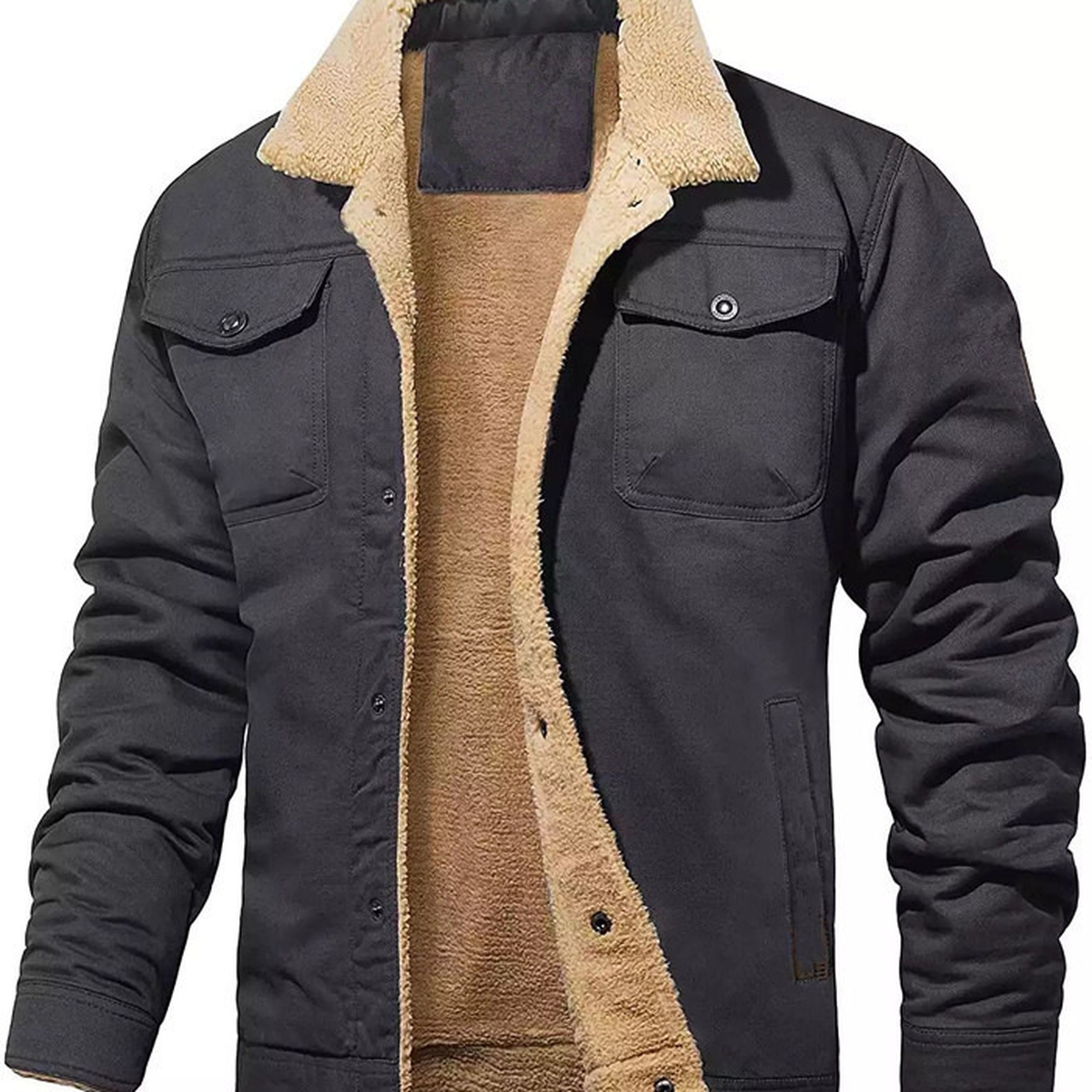 Men's Fleece-Lined Utility Jacket with Button Front and Pockets