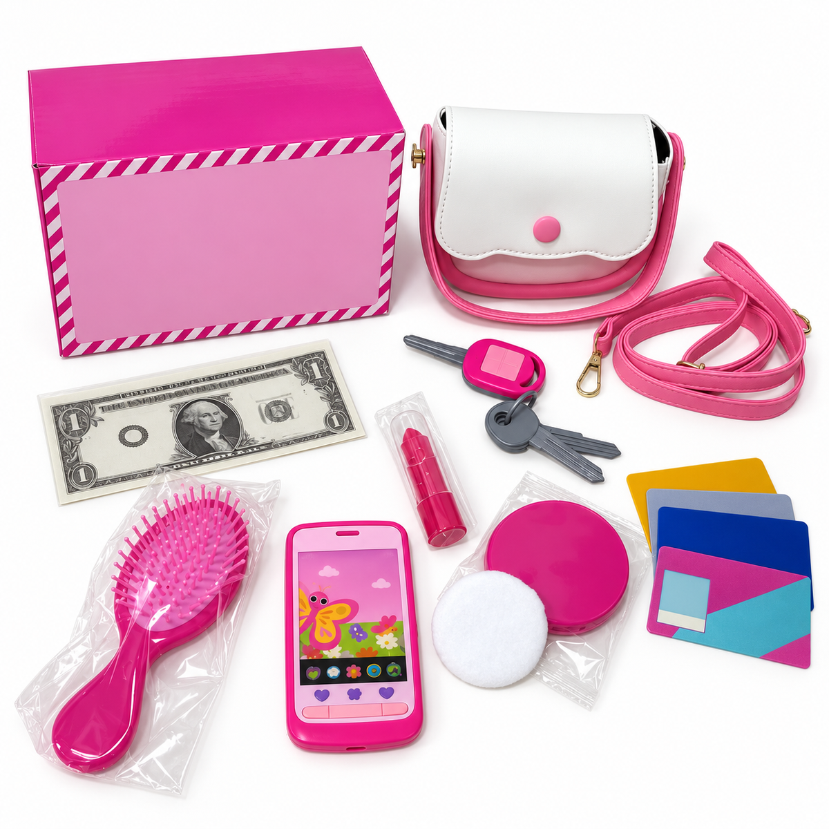 Pink and White Pretend Play Handbag Set with Toy Accessories