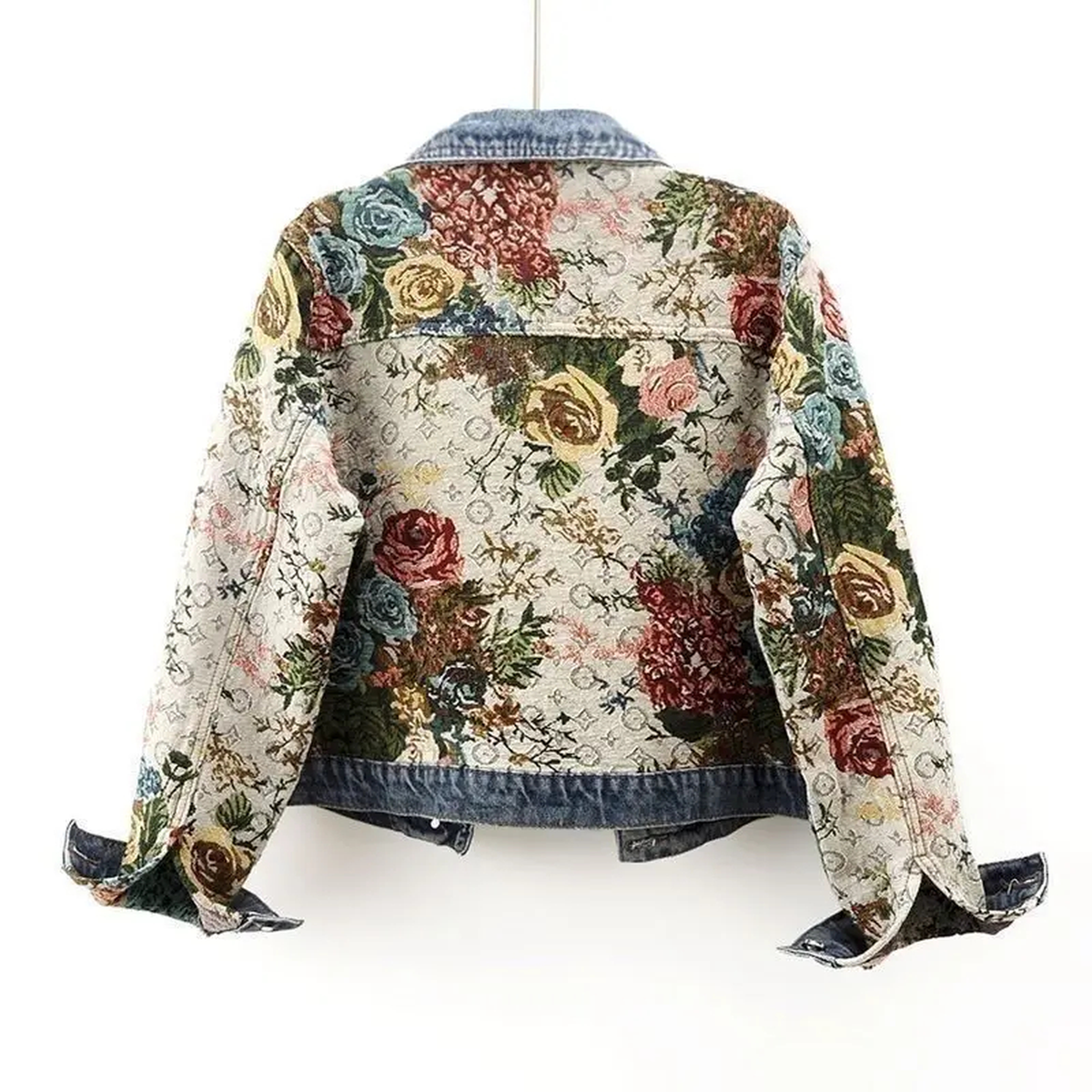 Floral Patchwork Denim Jacket with Button Front, S–3XL
