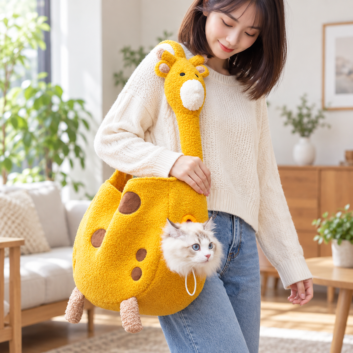 Plush Giraffe Pet Carrier Bag, Yellow Fleece, Adjustable Strap