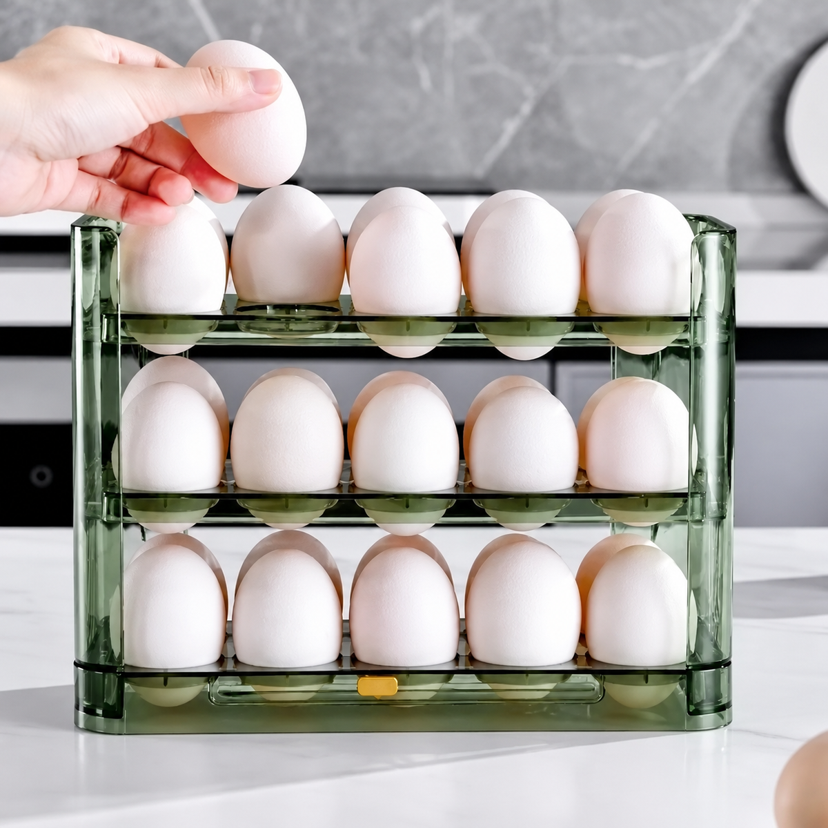 30-Egg Refrigerator Rack, Pivoting Trays and Date Slider
