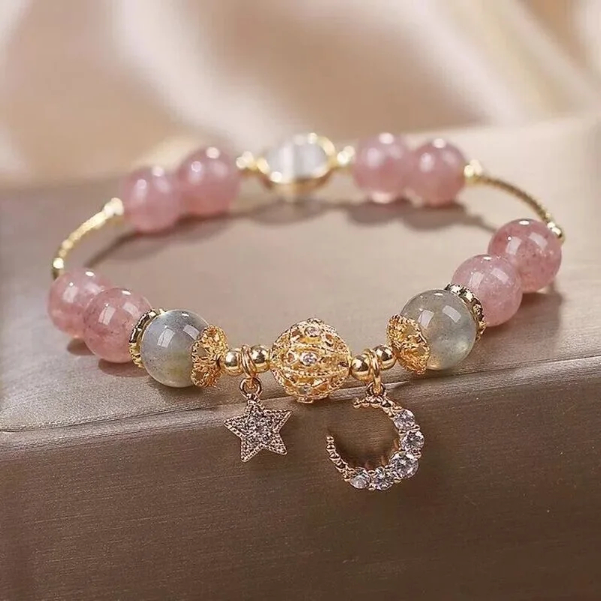 Moon-and-Star Beaded Charm Bracelet with Gold-Tone Accents