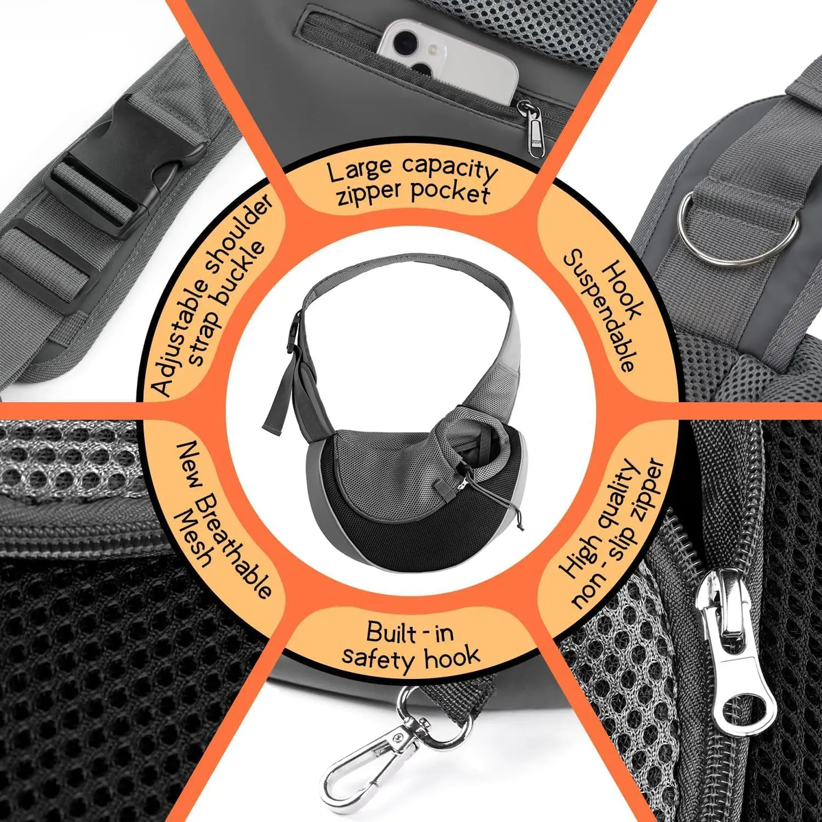 Reflective Mesh Pet Carrier Sling Bag with Adjustable Strap