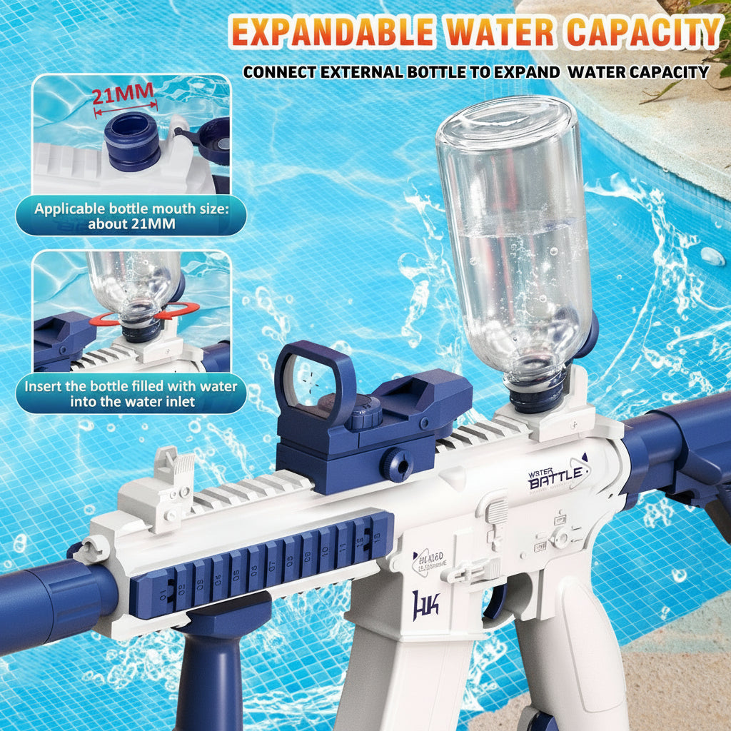 Water gun with expandable water capacity feature on a pool background