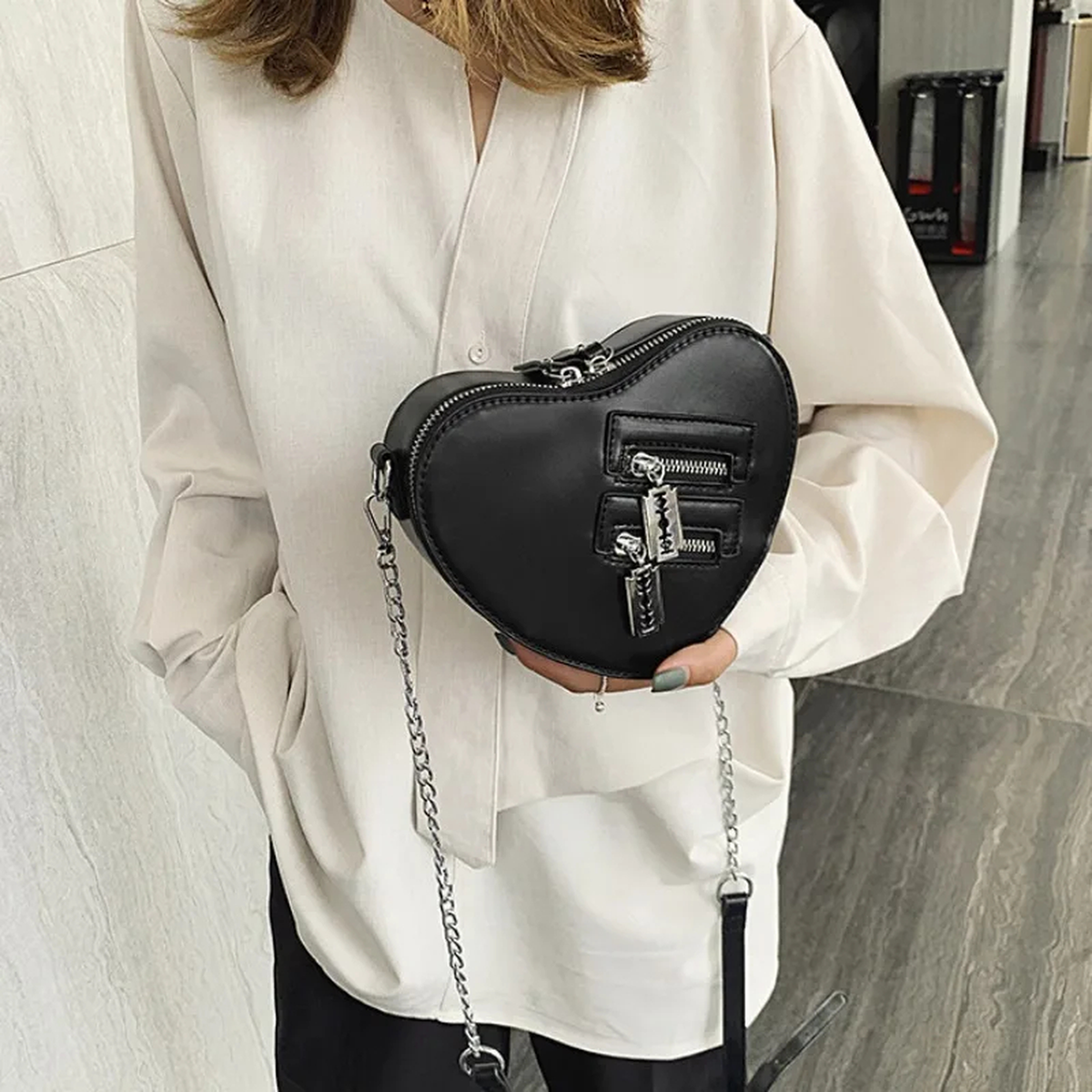 Heart-Shaped Chain Shoulder Bag with Zip Top & Adjustable Strap