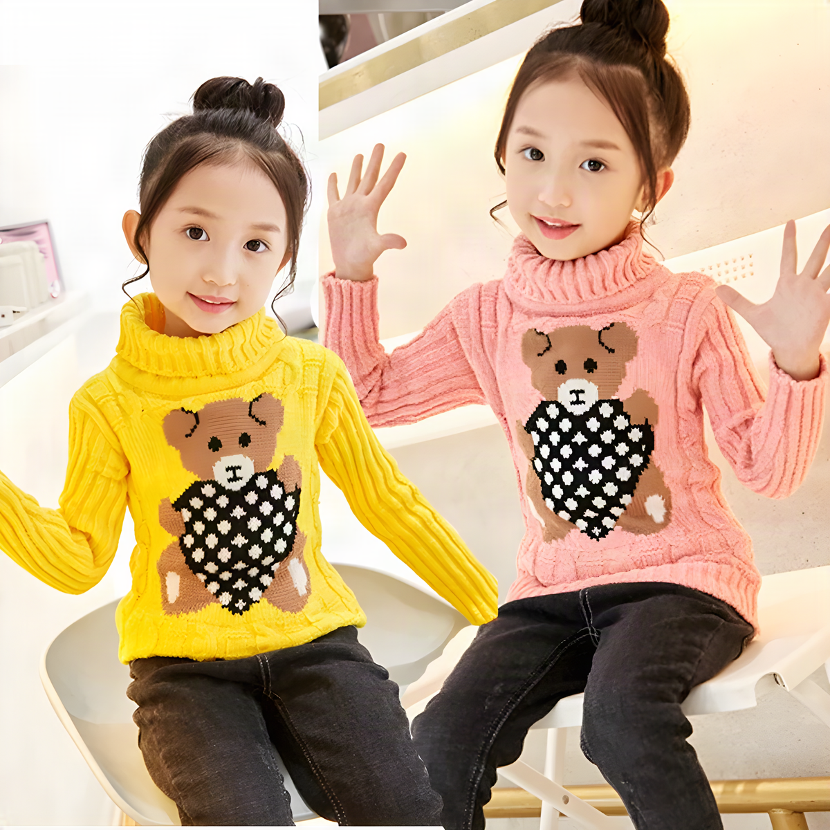 Kids Bear-Detail Ribbed Turtleneck Sweater in Seven Colors