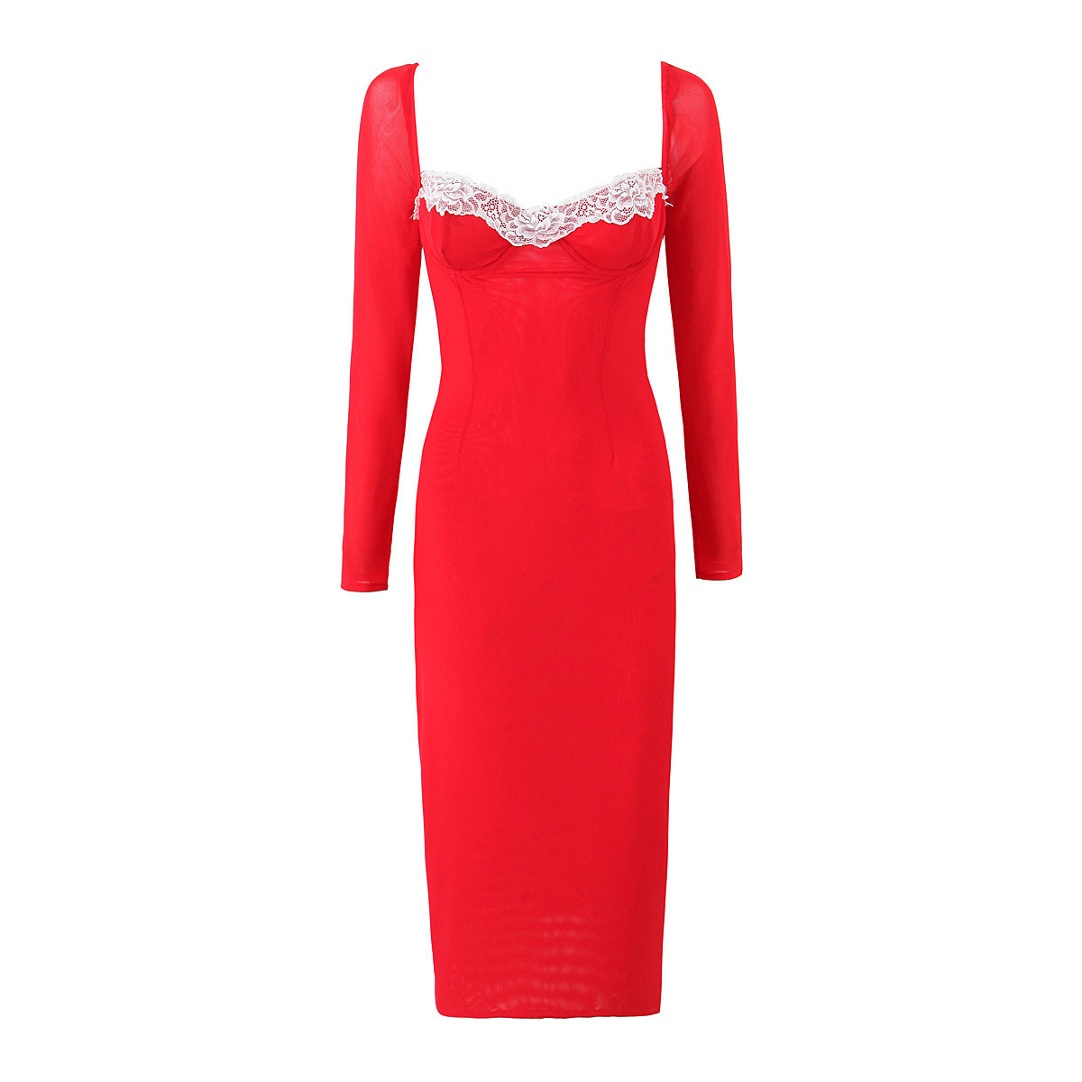 Square-Neck Lace Midi Dress with Long Sheer Sleeves