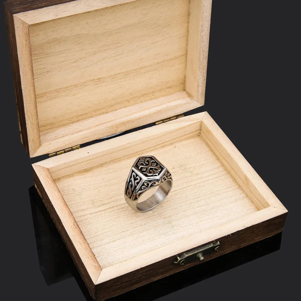Silver-Tone Gothic Pattern Ring, Geometric Signet Design