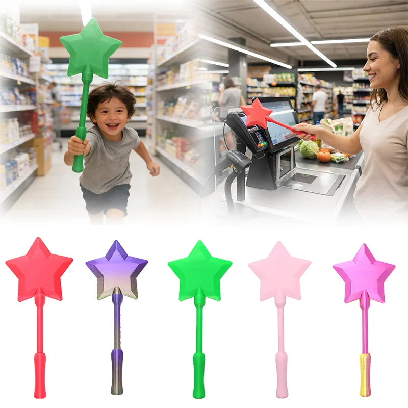 Star-shaped wands in various colors with a blurred background of a grocery store checkout.