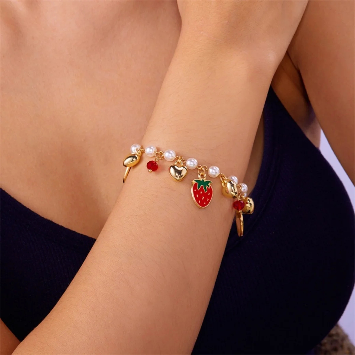 Pearl-Look Charm Bracelet with Fruit and Heart Accents