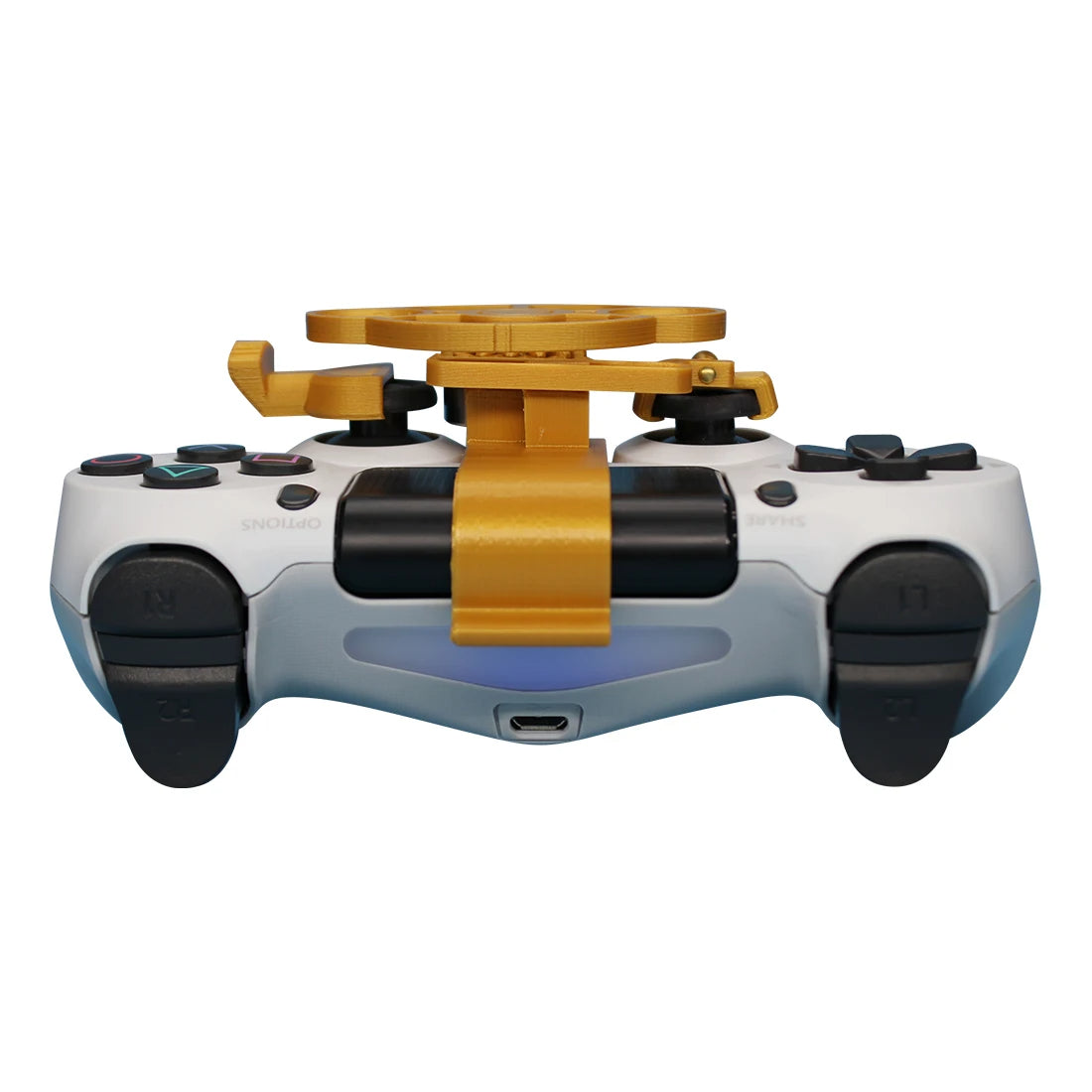 Game controller with a yellow attachment on a white background