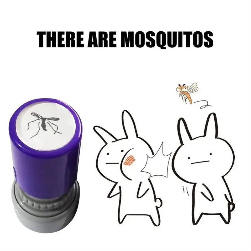 Rubber stamp with a mosquito design next to cartoon rabbits and text 'THERE ARE MOSQUITOS'.