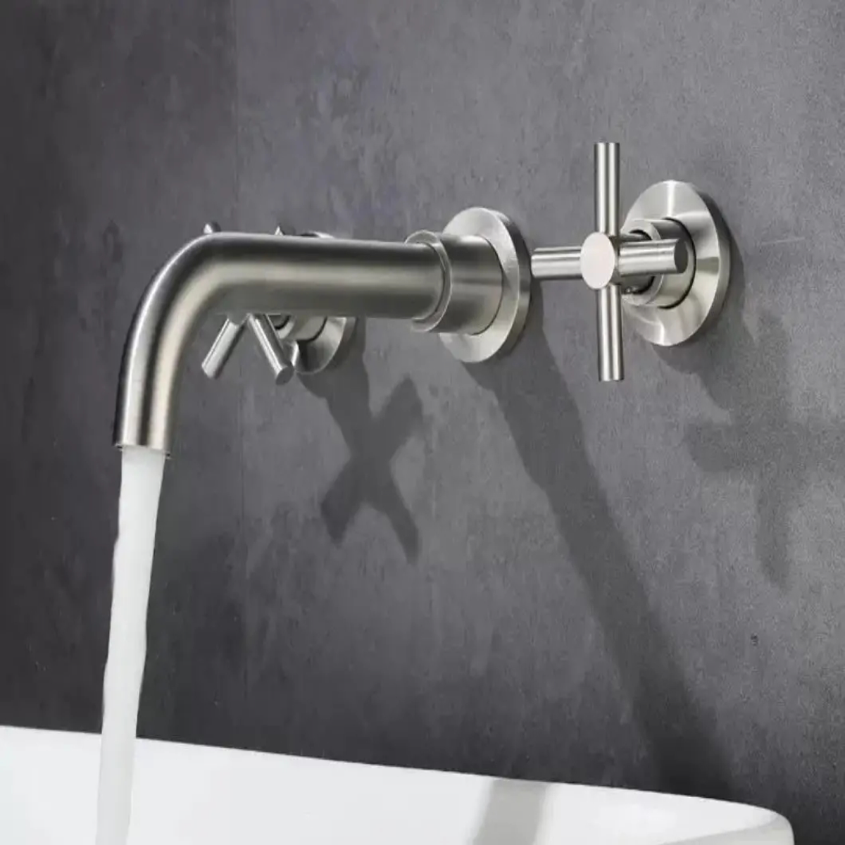 Brushed Silver Wall-Mounted Faucet with Two Cross Handles
