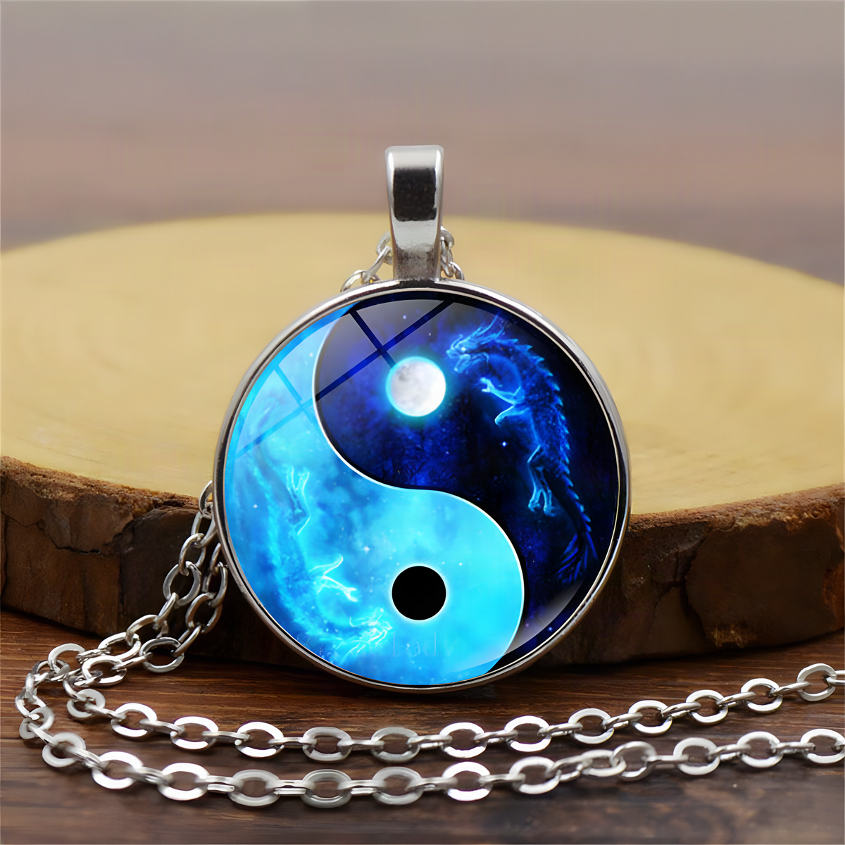 Yin Yang Pendant Necklace with Domed Cover and Alloy Frame